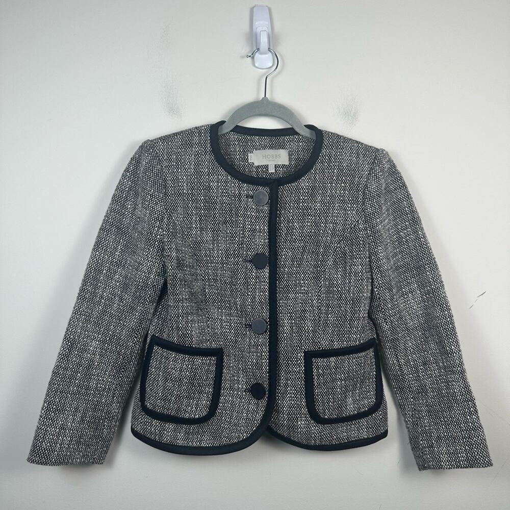 Hobbs London Tweed Blazer Women Size 4 Gray Excellent Classic Old Money Trim